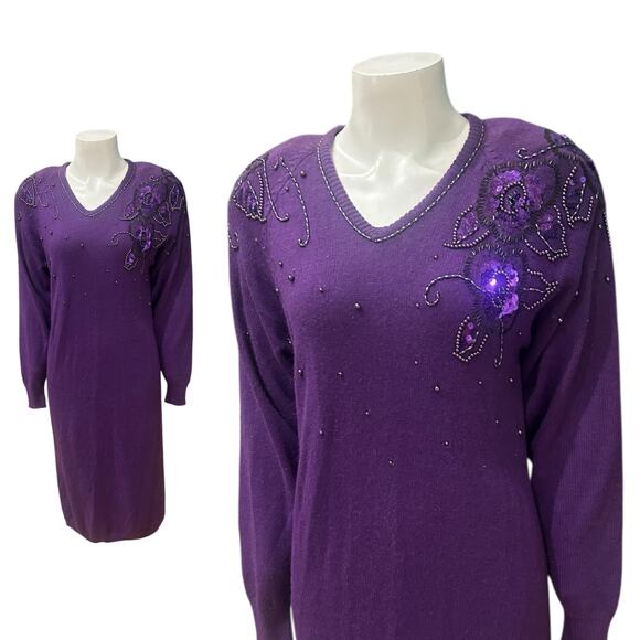 Vintage 1980s Purple Knit Beaded Sequin Sweater Dress / Size Small - - Picture 1 of 5